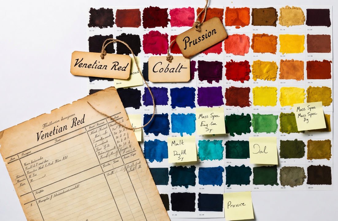 A grid of painted color swatches in various hues—reds, blues, greens, yellows, and purples—accompanied by handwritten tags labeled “Venetian Red,” “Cobalt,” and “Prussion.” Sticky notes with scientific notations and an aged document titled “Venetian Red” rest on top, suggesting pigment testing or archival color study.